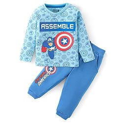 Babyhug 100% Cotton Knit Full Sleeves T-Shirt & Lounge Pant Set Captain America Print - Blue