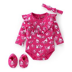 Babyhug 100% Cotton Full Sleeves Onesie with Hairband & Booties Bunny Print - Pink