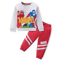 Babyhug Full Sleeves T-Shirt & Lounge Pant Marvel Print - White & Maroon