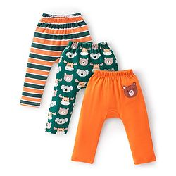 Babyhug Cotton Knit Full Length Striped & Koala Print Diaper Pants Pack of 3 - Orange & Green