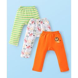Babyhug Cotton Knit Full Length Striped & Lion Print Diaper Pants Pack of 3 - Orange White & Green