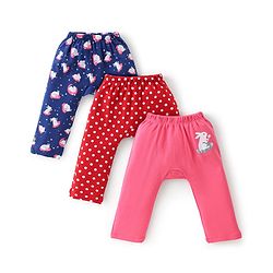 Babyhug Cotton Knit Full Length Bunny Print Diaper Pants Pack of 3 - Red Blue & Pink