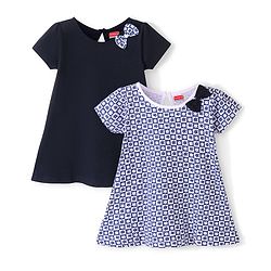 Babyhug 100% Cotton Knit Half Sleeves Frock Floral Print Pack of 2 - Navy Blue & White
