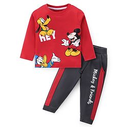 Babyhug 100% Cotton Single Jersey Knit Full Sleeves T-Shirt & Lounge Pant Mickey Mouse Print - Red & Grey