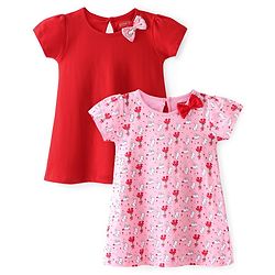 Babyhug 100% Cotton Single Jersey Knit Half Sleeves Frocks With Bunny Print Pack Of 2 - Multicolor