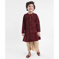 Babyhug Full Sleeves  Embroidered Kurta with Solid Dhoti Set - Maroon