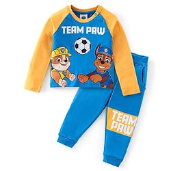 Babyhug 100% Cotton Raglan Sleeves T-Shirt & Lounge Pants With Paw Patrol Print - Yellow & Navy Blue