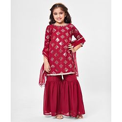 Babyhug Three Fourth Sleeve Sequined Kurti Palazo Set with Dupatta-Maroon
