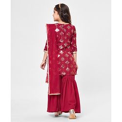 Babyhug Three Fourth Sleeve Sequined Kurti Palazo Set with Dupatta-Maroon