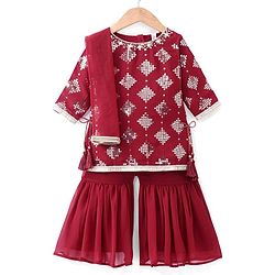 Babyhug Three Fourth Sleeve Sequined Kurti Palazo Set with Dupatta-Maroon