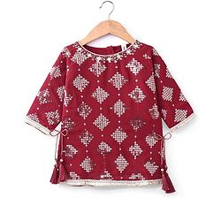 Babyhug Three Fourth Sleeve Sequined Kurti Palazo Set with Dupatta-Maroon