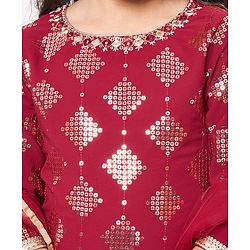 Babyhug Three Fourth Sleeve Sequined Kurti Palazo Set with Dupatta-Maroon