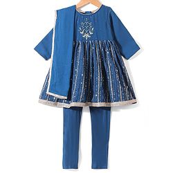 Babyhug Three Fourth Sleeves Sequenced Kurti with Salwar and Dupatta Set - Teal Blue