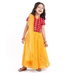 Babyhug Short Sleeve Embroidered Choli With Net Sequenced Embroiderd Lehenga With Dupatta Set- Yellow & Red.
