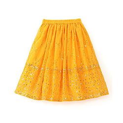 Babyhug Short Sleeve Embroidered Choli With Net Sequenced Embroiderd Lehenga With Dupatta Set- Yellow & Red.