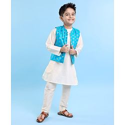 Babyhug Cotton Full Sleeves Kurta Pyjama Set with Printed  Jacket - White