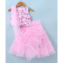 Babyhug Sleeveless Floral Embroided Choli with Shimmer Net Lehenga and Dupatta Set - Pink