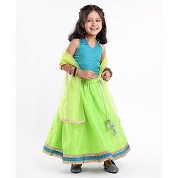 Babyhug Halter Neck Sleeveless Embroidered Choli with Chanderi Sequenced Embroidered Lehenga and Dupatta - Green