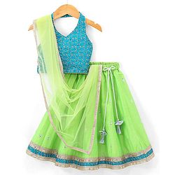 Babyhug Halter Neck Sleeveless Embroidered Choli with Chanderi Sequenced Embroidered Lehenga and Dupatta - Green