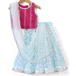 Babyhug Sleeveless Embroidered Choli with Embroidered Lehenga and Dupatta - Aqua Blue