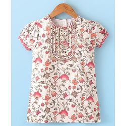 Babyhug Three Forth Sleeve Kurti Sharara And Dupatta With Print Floral Embroidery - Pink & White