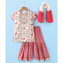 Babyhug Three Forth Sleeve Kurti Sharara And Dupatta With Print Floral Embroidery - Pink & White