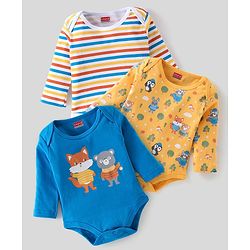 Babyhug 100% Cotton Knit Full Sleeves Striped & Fox Printed Onesies Pack of 3 - Yellow & Blue