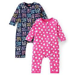 Babyhug 100% Cotton Knit Full Sleeves Text & Heart Printed Rompers Pack of 2 - Pink & Navy