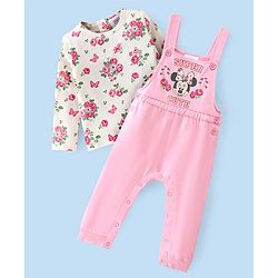 Babyhug 100% Cotton Knit Minnie Mouse Printed Dungaree with Full Sleeves Floral Printed Inner Tee - White & Pink