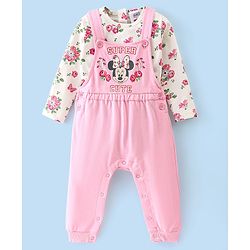 Babyhug 100% Cotton Knit Minnie Mouse Printed Dungaree with Full Sleeves Floral Printed Inner Tee - White & Pink