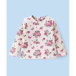 Babyhug 100% Cotton Knit Minnie Mouse Printed Dungaree with Full Sleeves Floral Printed Inner Tee - White & Pink