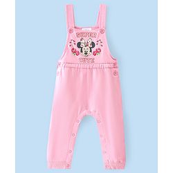 Babyhug 100% Cotton Knit Minnie Mouse Printed Dungaree with Full Sleeves Floral Printed Inner Tee - White & Pink