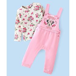 Babyhug 100% Cotton Knit Minnie Mouse Printed Dungaree with Full Sleeves Floral Printed Inner Tee - White & Pink