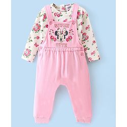 Babyhug 100% Cotton Knit Minnie Mouse Printed Dungaree with Full Sleeves Floral Printed Inner Tee - White & Pink