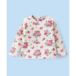 Babyhug 100% Cotton Knit Minnie Mouse Printed Dungaree with Full Sleeves Floral Printed Inner Tee - White & Pink