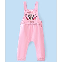 Babyhug 100% Cotton Knit Minnie Mouse Printed Dungaree with Full Sleeves Floral Printed Inner Tee - White & Pink