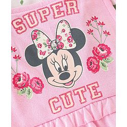 Babyhug 100% Cotton Knit Minnie Mouse Printed Dungaree with Full Sleeves Floral Printed Inner Tee - White & Pink
