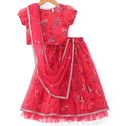 Babyhug Half Sleeve Tafetta Printed Choli with Lehenga  and Dupatta with Embroidery - Red