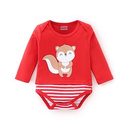 Babyhug 100% Cotton Knit Full Sleeves Onesie Stripes & Fox Print - Red