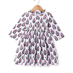 Babyhug 100% Cotton Woven  Three Fourth Sleeves Floral Printed Ethnic Dress with Sequin Detailing on Yoke - White