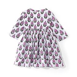 Babyhug 100% Cotton Woven  Three Fourth Sleeves Floral Printed Ethnic Dress with Sequin Detailing on Yoke - White