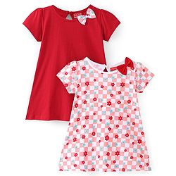 Babyhug 100% Cotton Knit Full Sleeves Frock With Floral Print - Red & Pink