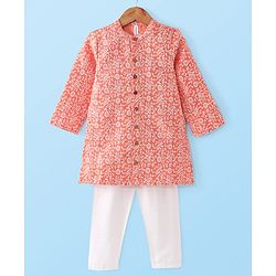 Babyhug Full Sleeves Brocade Kurta Pyjama Set - Orange
