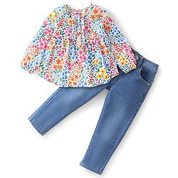Babyhug 100% Cotton Knit Full Sleeves Top & Jeans With Floral Print - White & Blue