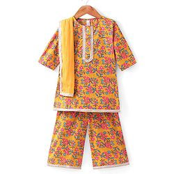Babyhug 100% Cambric Full Sleeve All Over Printed Kurti Palazoa With Solid Chiffon Dupatta Set- Yellow