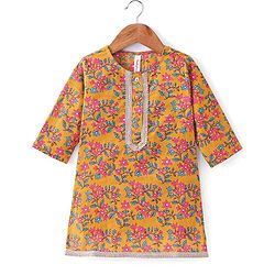 Babyhug 100% Cambric Full Sleeve All Over Printed Kurti Palazoa With Solid Chiffon Dupatta Set- Yellow