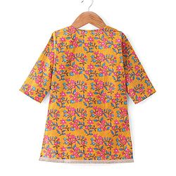 Babyhug 100% Cambric Full Sleeve All Over Printed Kurti Palazoa With Solid Chiffon Dupatta Set- Yellow