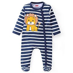 Babyhug Cotton Interlock Knit Full Sleeves Footed Sleep Suit Stripes & Lion Print - Navy Blue