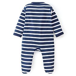 Babyhug Cotton Interlock Knit Full Sleeves Footed Sleep Suit Stripes & Lion Print - Navy Blue