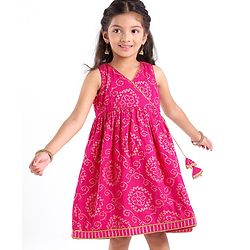 Babyhug 100% Cotton Sleeveless  Bandhani Printed Ethnic Overlap Dress - Fuschia